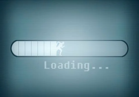 A computer message showing a loading bar and a silhouetted man running Illustrazione stock