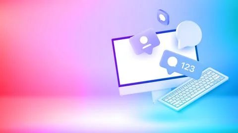 Computer with messengers icons. Vector 3d banner with copy space Illustrazione stock