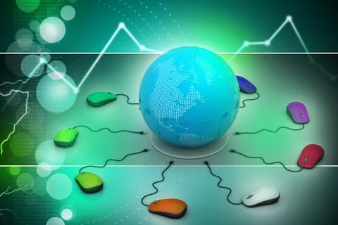 Computer mice are connected around globe Stock Illustration