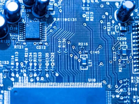 Computer micro circuit board with integrated IC Foto stock