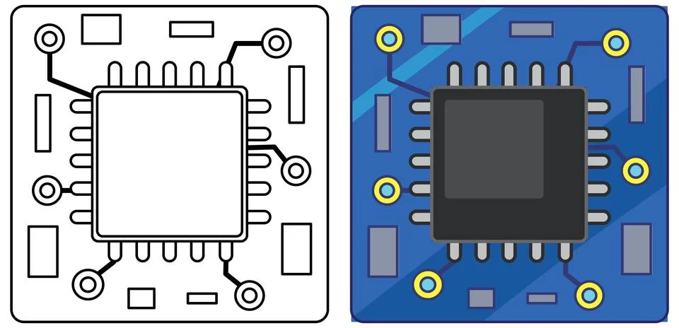 Computer Microchip and Circuit Board Vector Illustration in Two Styles Stock Illustration