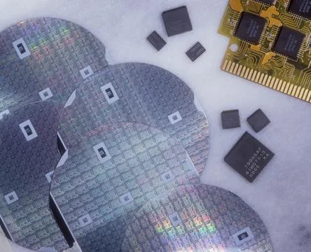 Computer microchip and wafers with a circuit board Stock Photos
