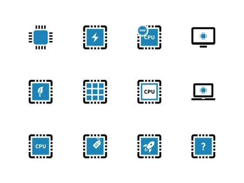 Computer microchip CPU duotone icons on white background 스톡 일러스트