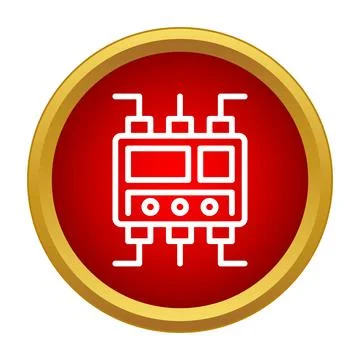 Computer microchip icon inside red gold circle Stock Illustration