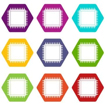 Computer microchip icon set color hexahedron Illustrazione stock