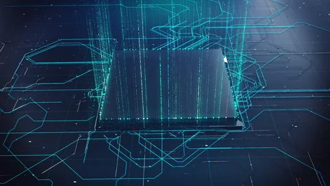 Computer Microchip Processor with Digital Neon Lines Move Data Animation Stock Footage 196871242