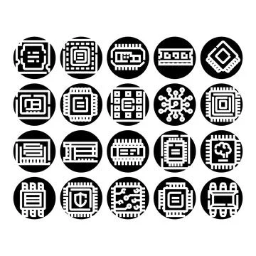 Computer microchip processor electronics circuit hardware technology icons 库存插图