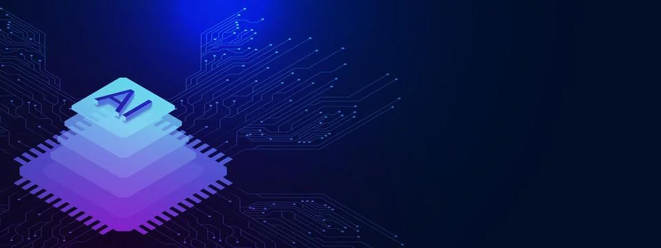 Computer microchip processor with futuristic circuit board on dark blue Ilustración de archivo