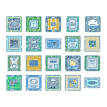 Computer microchip processors sketch drawing collection Ilustración de archivo