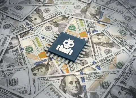 Computer microchip for robotics and AI. Investments, development and sales .. Stock Photos