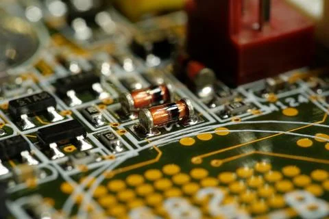 Computer microcircuit with electronic components, chips, resistors, connectio Stock Photos