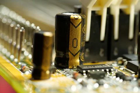 Computer microcircuit with electronic components, chips, resistors, connectio Stock Photos