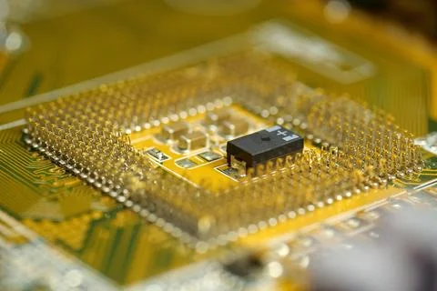Computer microcircuit with electronic components, chips, resistors, connectio Stockfoto's