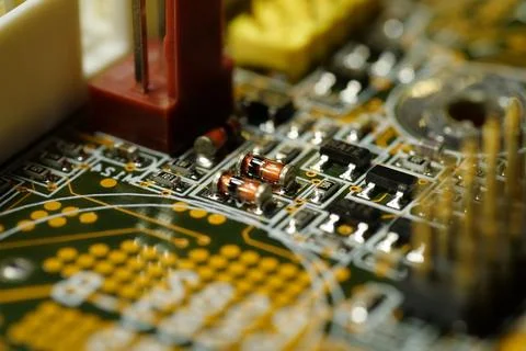 Computer microcircuit with electronic components, chips, resistors, connectio Foto stock