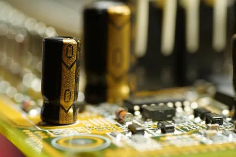 Computer microcircuit with electronic components, chips, resistors, connectio Stock Photos