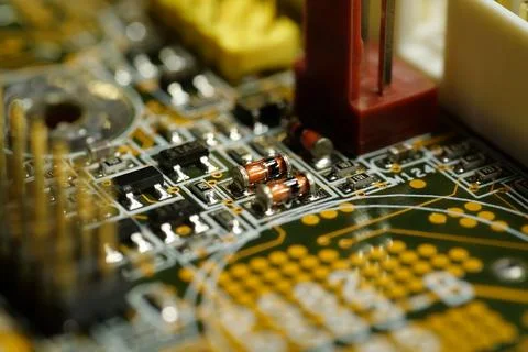 Computer microcircuit with electronic components, chips, resistors, connectio Stock Photos