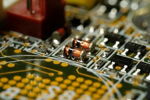 Computer microcircuit with electronic components, chips, resistors, connectio Foto stock