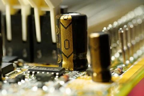 Computer microcircuit with electronic components, chips, resistors, connectio Stock Photos