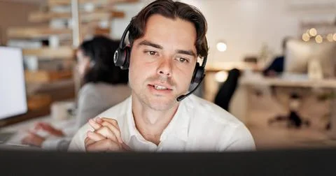 Computer, microphone and man consulting in call center for language translation Stock Photos