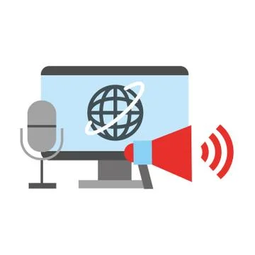 Computer microphone and volume loud broadcast breaking news Illustrazione stock