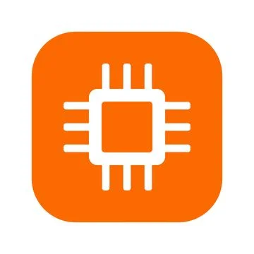 Computer microprocessor icon with orange rounded square background for tech.. Stock Illustration