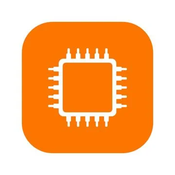 Computer microprocessor icon with orange rounded square background for tech.. Stock Illustration