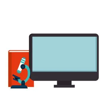 Computer with microscope and book isolated icon Stock Illustration