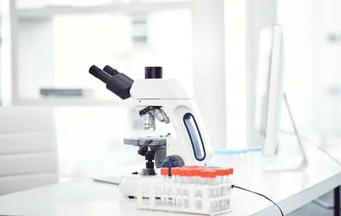 Computer, microscope or lab with test tube for research, biotechnology or m.. Stock Photos