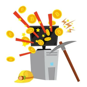 Computer Mining Bitcoin Vector. Cryptocurrency Farm. Virtual Gold Coins. Digital Illustrazione stock