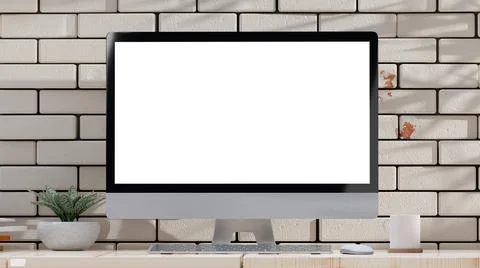 Computer Mock-Up Empty screen on the desk  front white brick wall.  Illustrazione stock