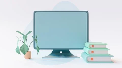 Computer Mock-Up on work desk, with notebook and plant on side. 3D Render. イラスト素材