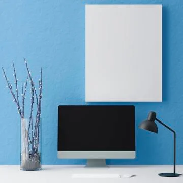 Computer mockup blue background on table. Laptop with Black screen..3d render Fotos de archivo