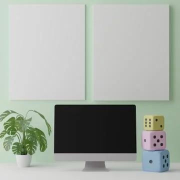 Computer mockup green background on table. Laptop with Black screen..3d rende Fotos de archivo