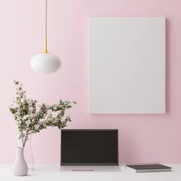 Computer mockup pink background on table. Laptop with Black screen..3d render Fotos de archivo