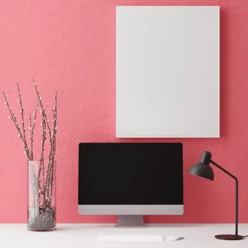 Computer mockup red background on table. Laptop with Black screen..3d renderi Stock Photos