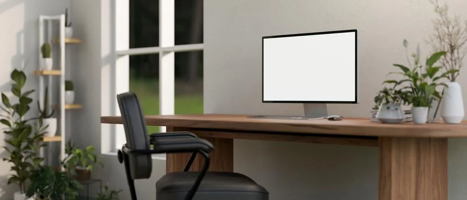 A computer mockup on a rustic wood computer desk in a minimalist home offic.. Stock Illustration