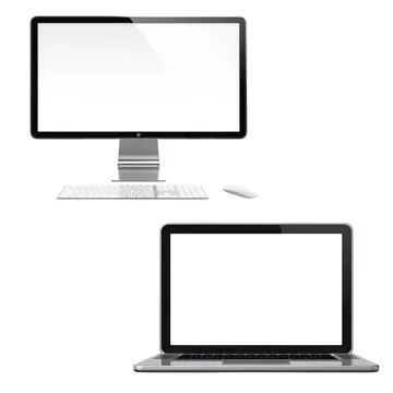 Computer Mockup Set: Large Desktop Monitor and Open Silver Laptop with Blank Scr Stock Photos