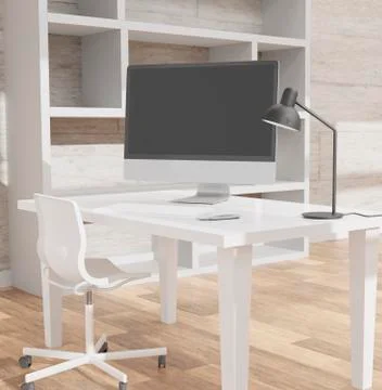 Computer mockup white background on table. Laptop with black screen. Ilustración de archivo