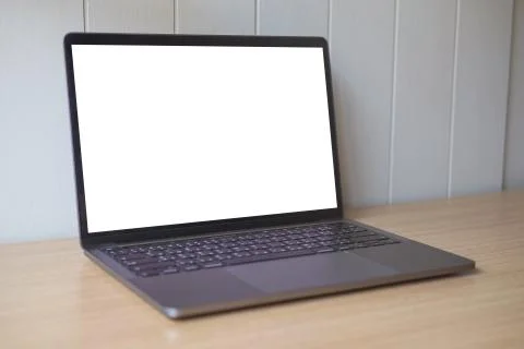 Computer mockup white background on table. Laptop with blank screen Stock Photos