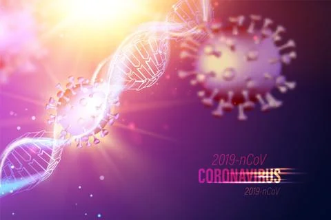 Computer model of Coronavirus in futuristic rays inside human DNA genome over Stock Illustration