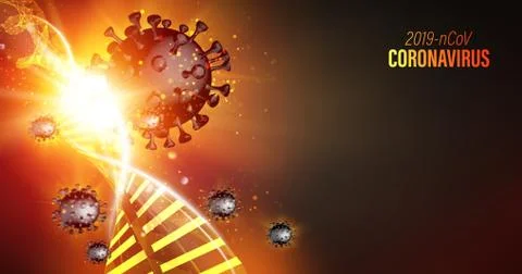Computer model of Coronavirus in futuristic red rays over dark background and Stock Illustration