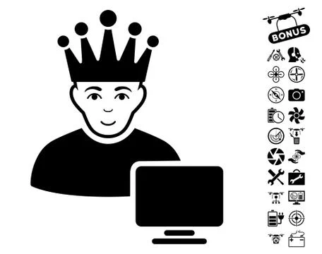 Computer Moderator Icon With Flying Drone Tools Bonus Stock Illustration