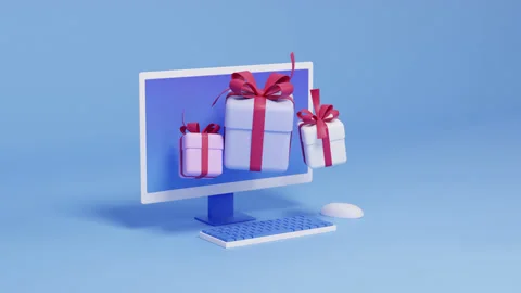 Computer monitor and present boxes pops up 3d animation. Gift, Mobile Marketing 動画素材 289634330