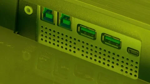 Computer monitor back panel with multiple usb ports and connectivity slots Stock Footage 341801585