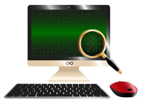Computer monitor with binary code and magnifying loupe - vector illustration Stock Illustration