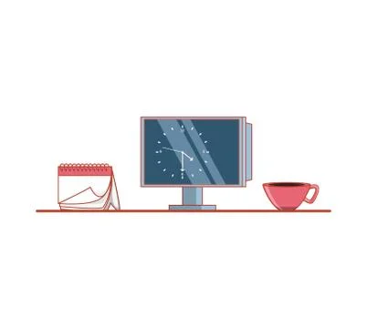 Computer monitor with clock in display and objects Stock Illustration