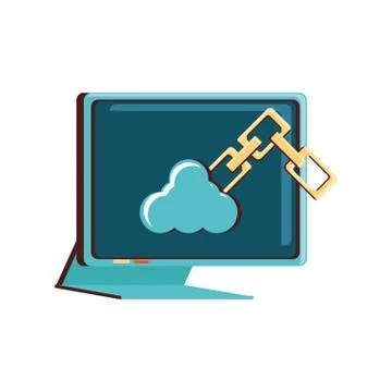 Computer monitor with cloud computing and chain Illustrazione stock