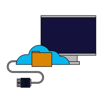 Computer monitor cloud computing folder cable Illustrazione stock