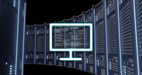 Computer monitor with code animation over server racks in data center 動画素材 304767242