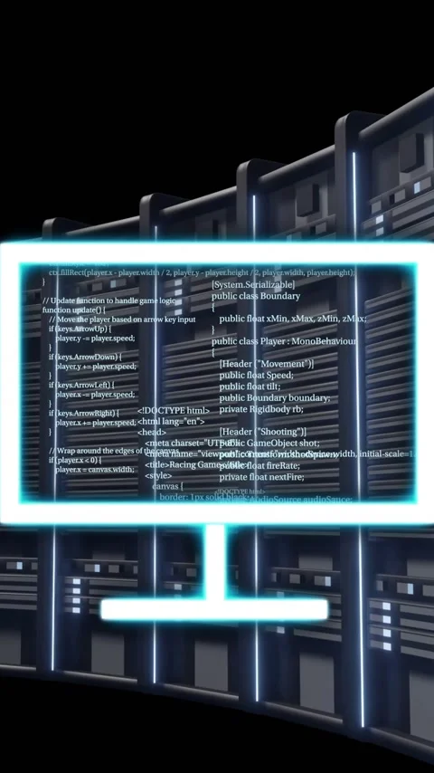 Computer monitor with code animation over server racks in data center 動画素材 323780937